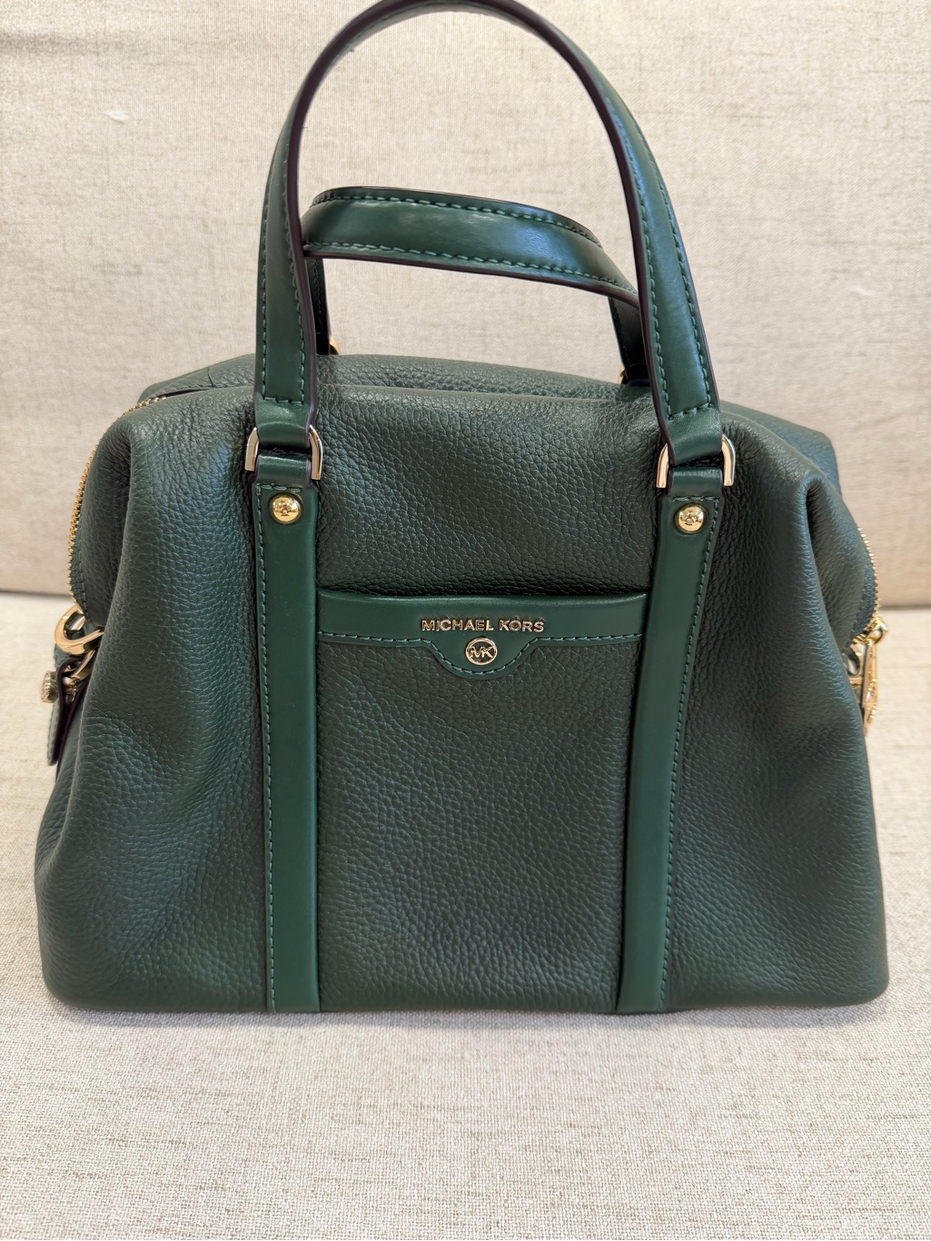 Michael Kors Dark Green Pebbled Leather Bag With Gold Hardware